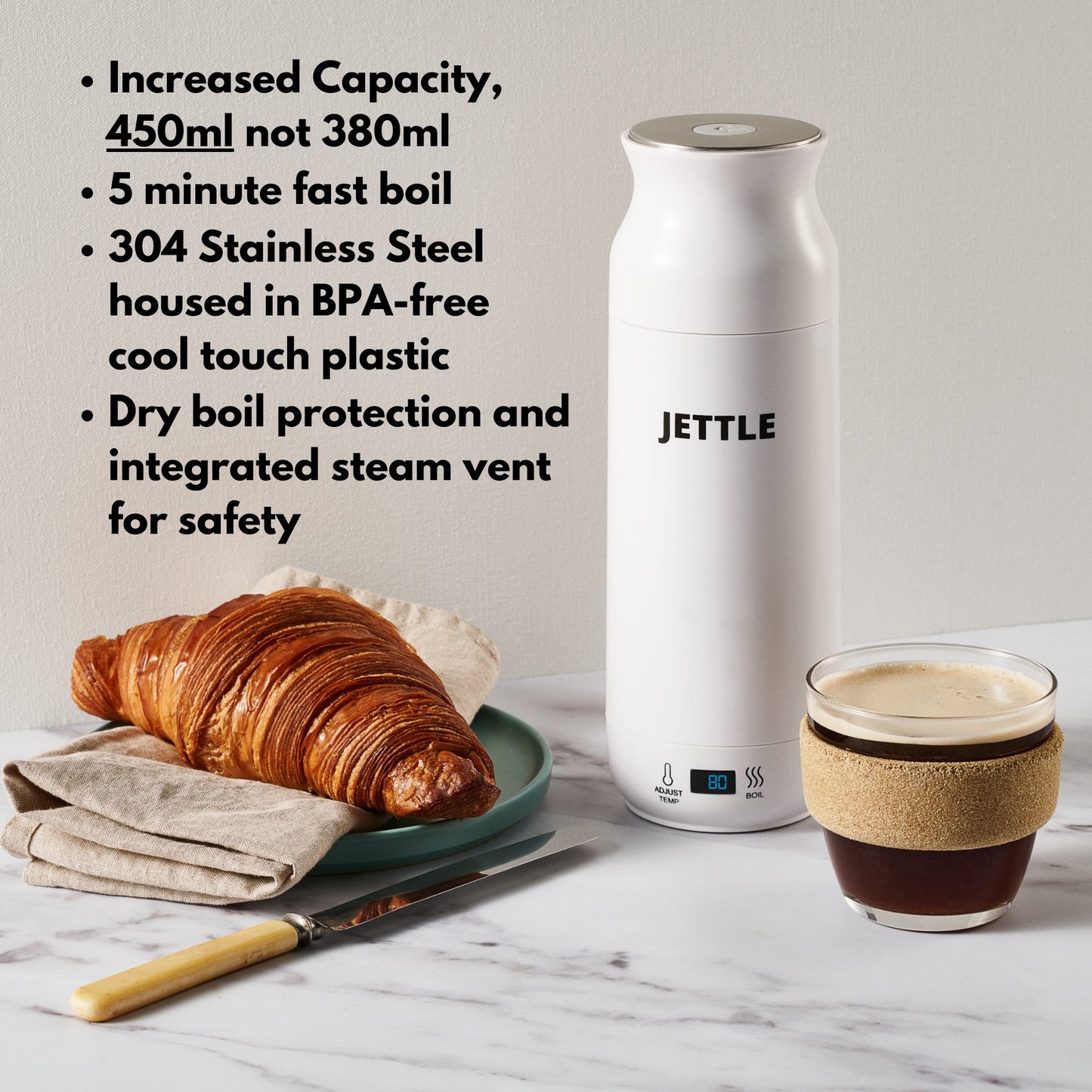 Jettle Electric Kettle - Travel Portable Heater for Coffee, Tea, Milk, Soup - Stainless Steel Travel Water Boiler tea pot with Temperature Control, LED, Automatic Power Off - 450ml, Kitchen Appliance