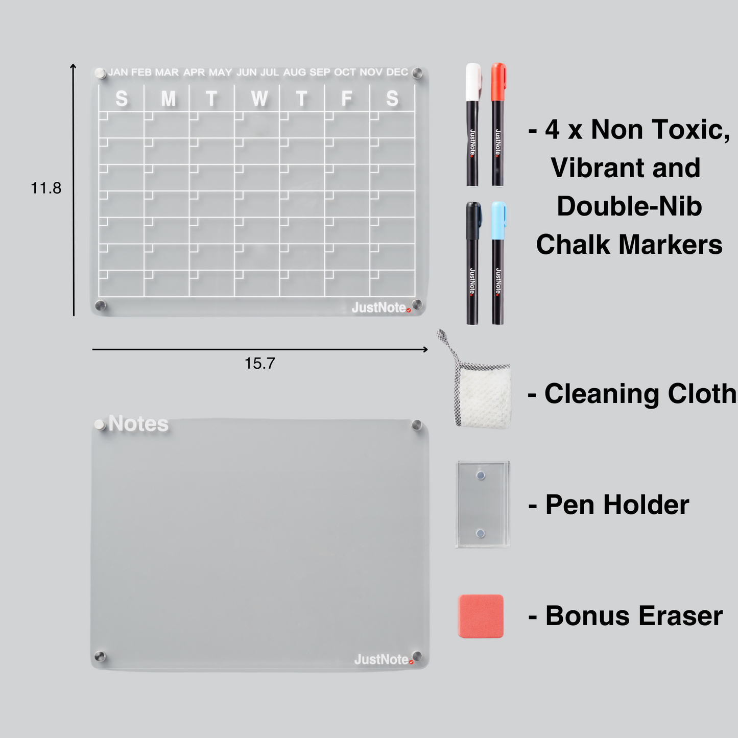 2 Piece Magnetic Clear Acrylic Fridge Calendar Board - Family Planner - Non Scratch Magnets - Wipe Clean with Vibrant Non Toxic Liquid Chalk Markers - Dry Erase Planning board for your refrigerator