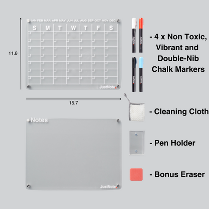 2 Piece Magnetic Clear Acrylic Fridge Calendar Board - Family Planner - Non Scratch Magnets - Wipe Clean with Vibrant Non Toxic Liquid Chalk Markers - Dry Erase Planning board for your refrigerator